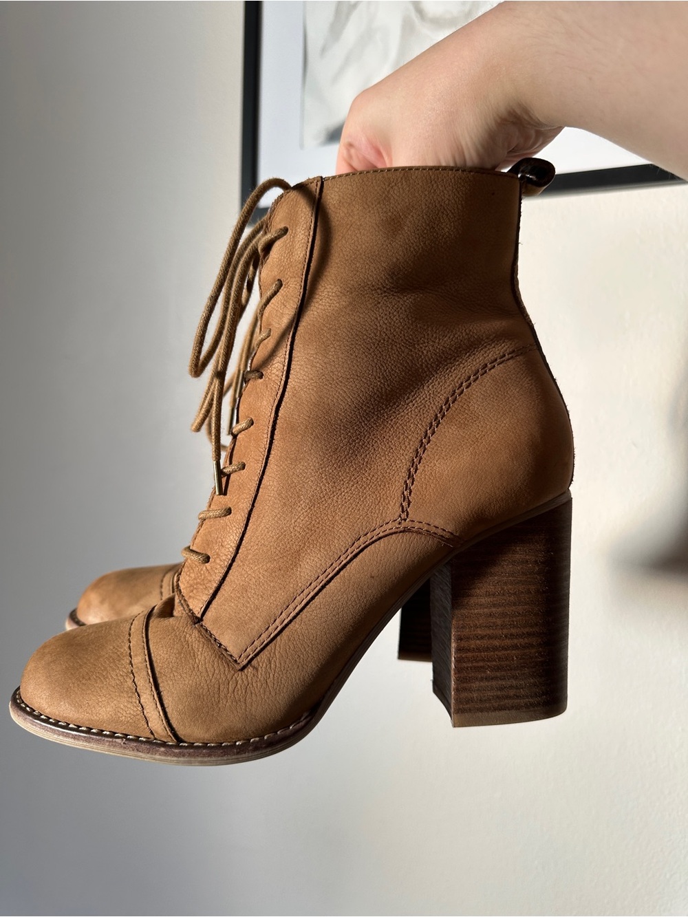 Aldo Brown Lace-Up Stacked Heel Ankle Boots - Picture 9 of 16